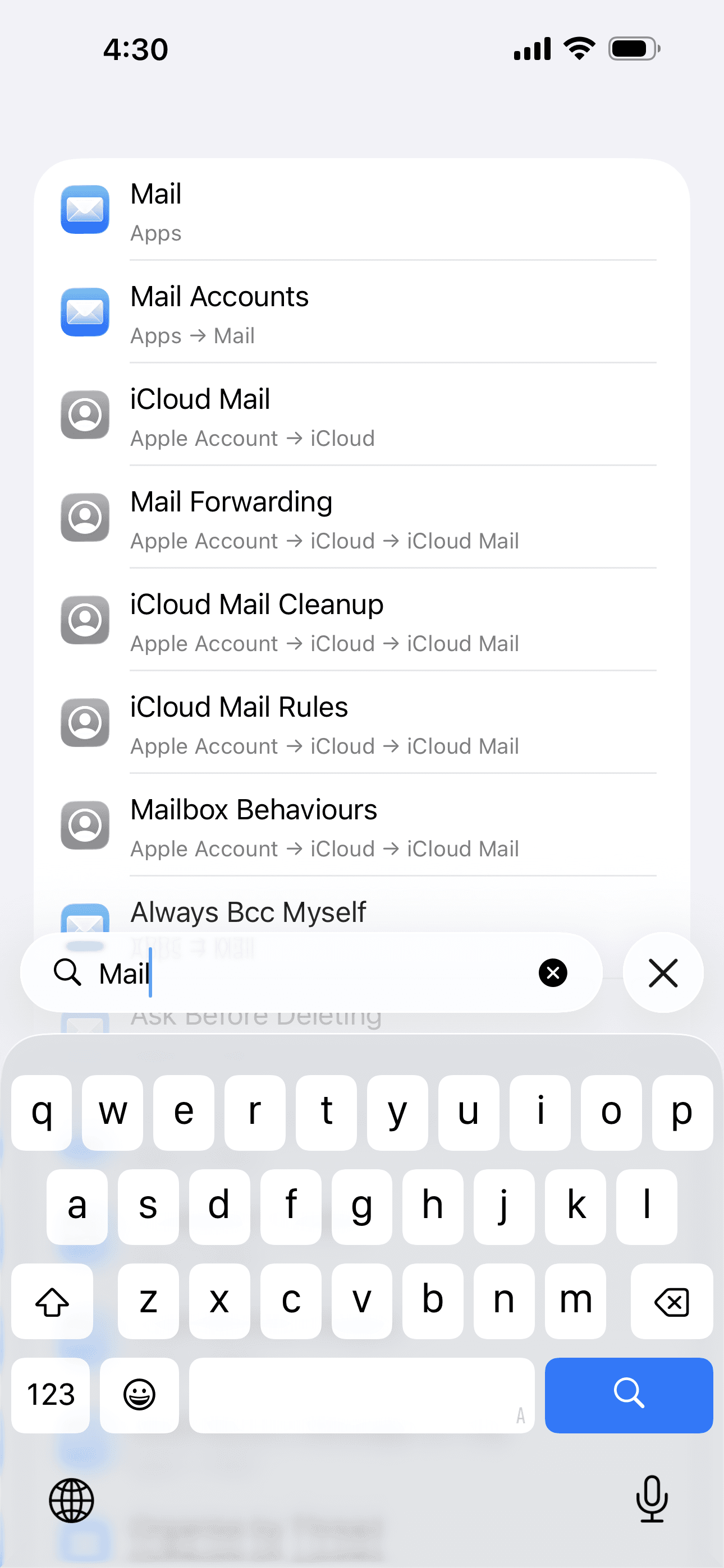 Search for Mail in Settings