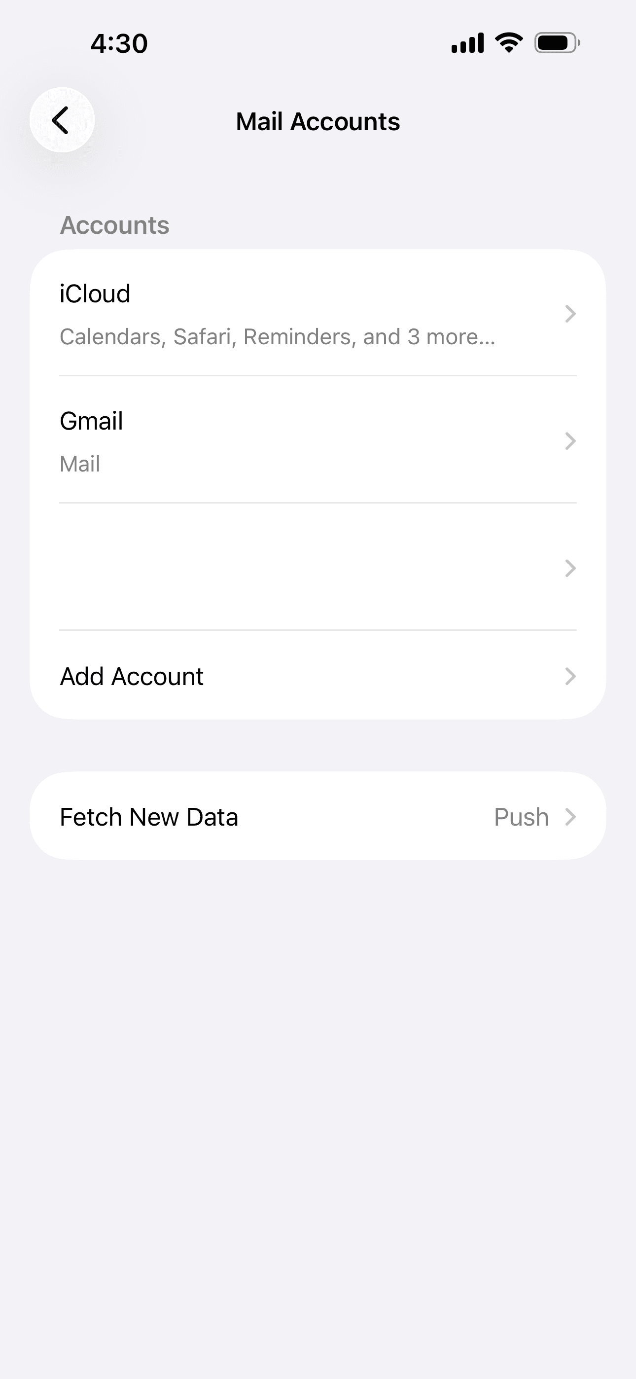 Mail settings with Add Account