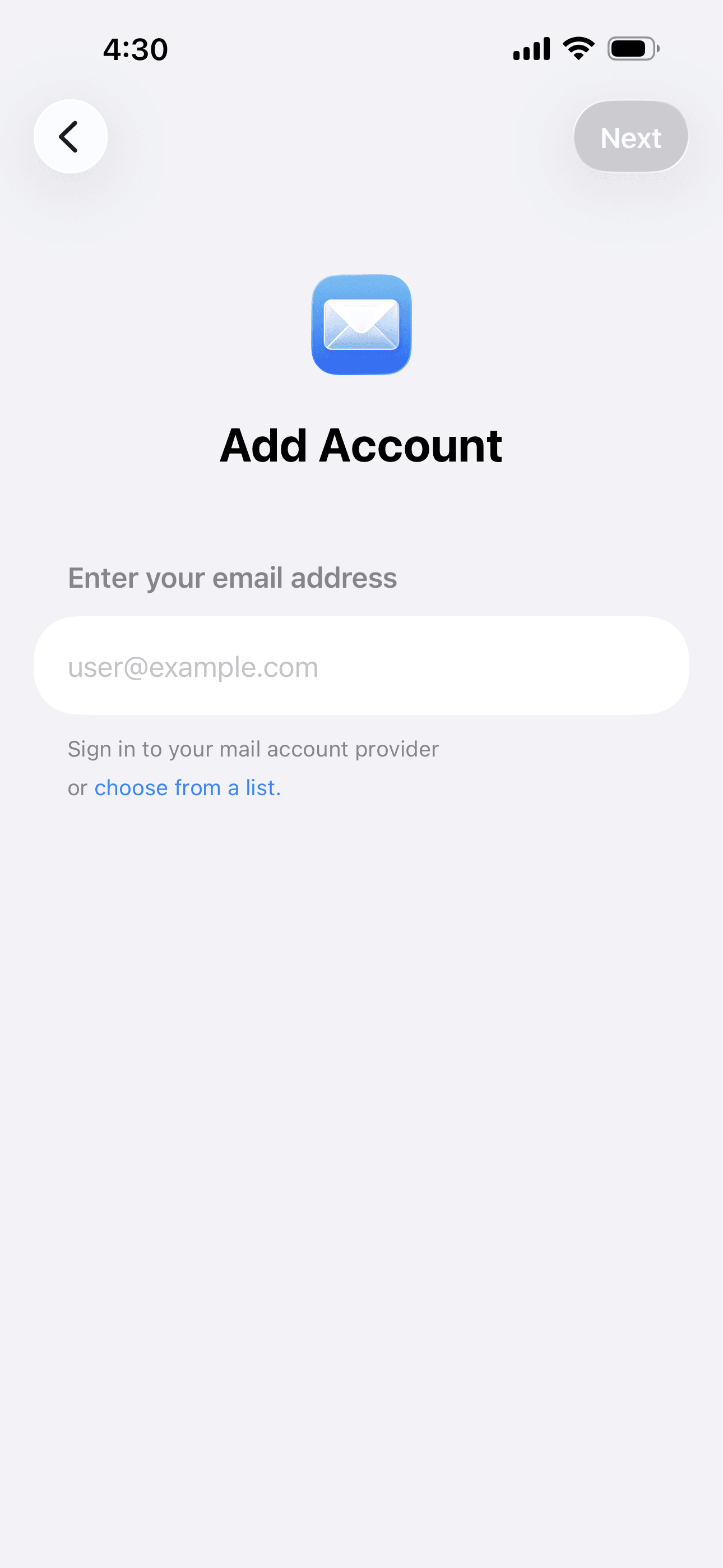 Add Account screen with choose from a list