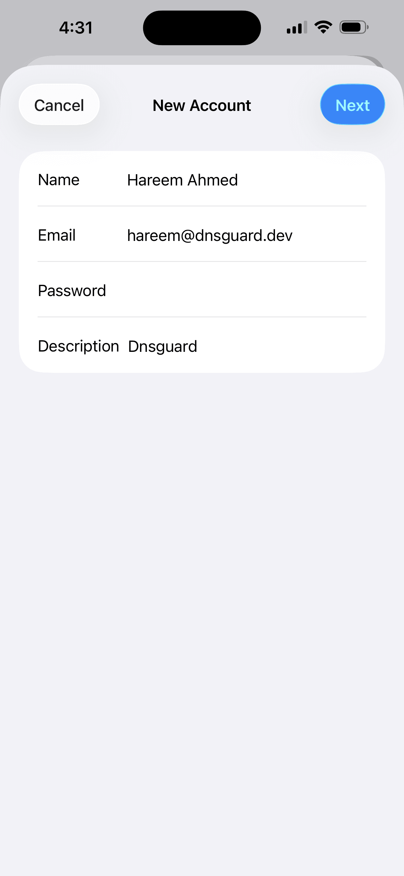 New Account form