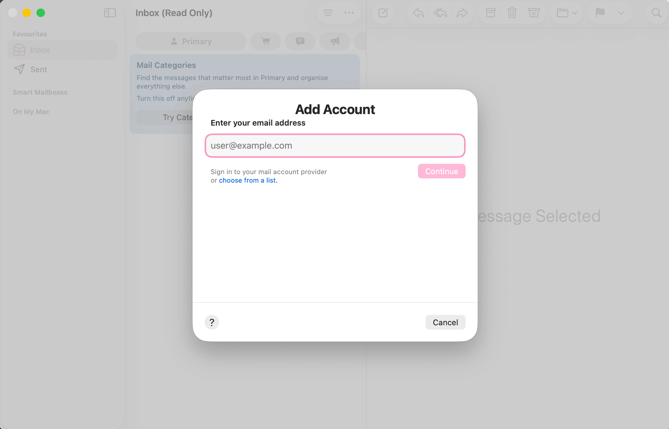 Add Account window in Mail