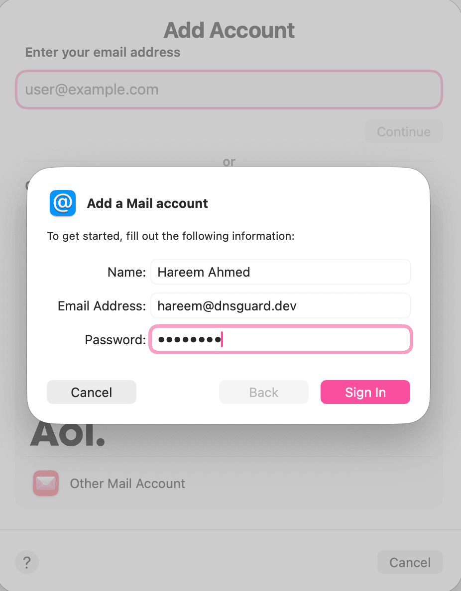 Add a Mail account form