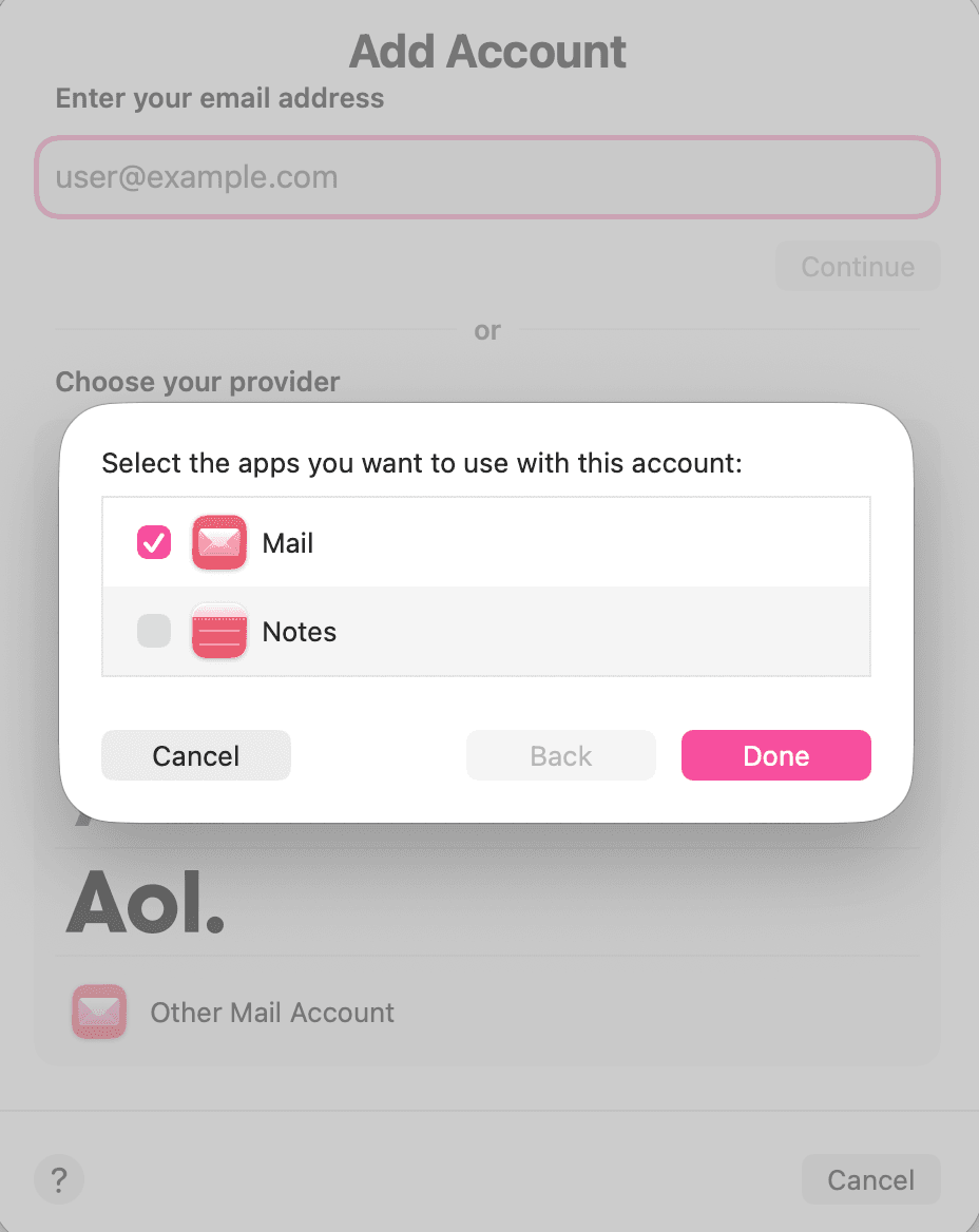 Select Mail app and finish setup