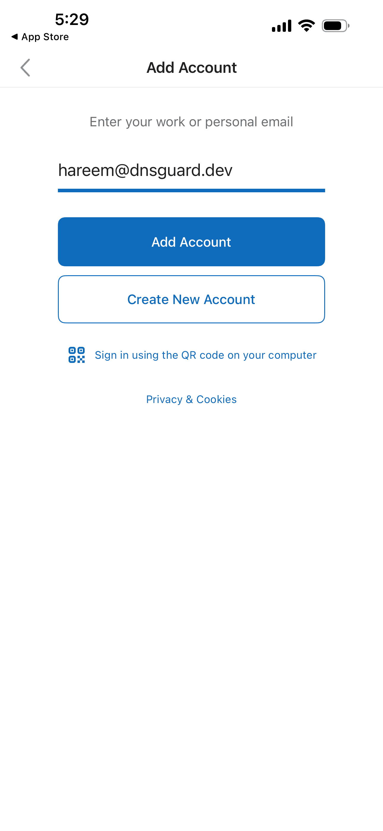 Add Account email field