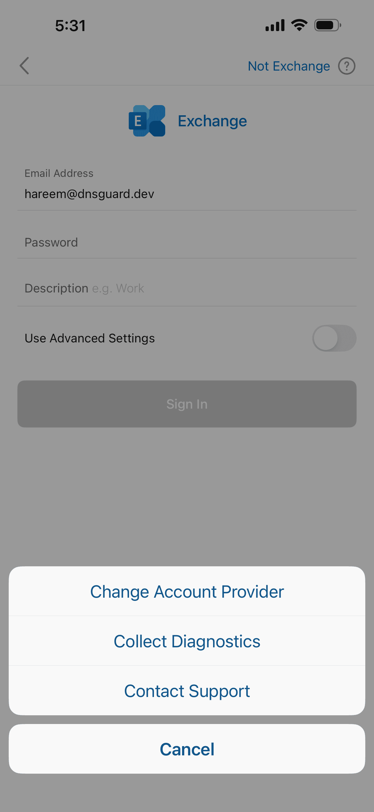 Exchange screen with Change Account Provider