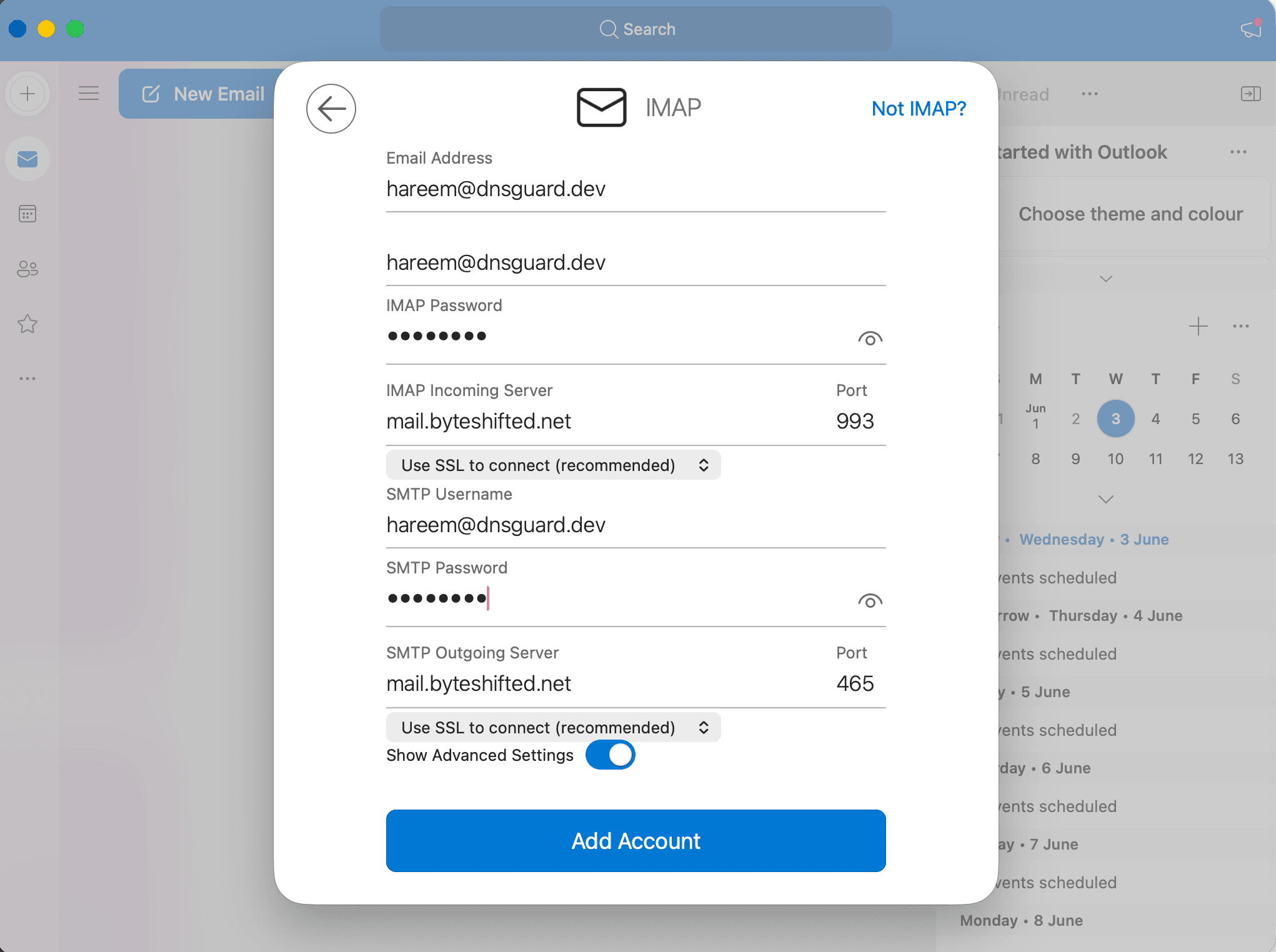 Full IMAP and SMTP settings with Add Account